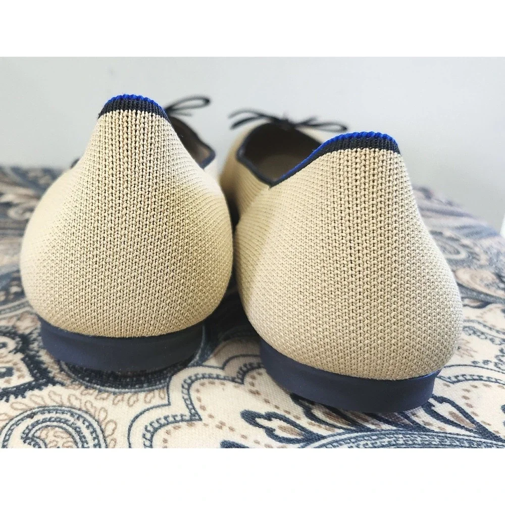 Rothys The Bow Flat Fawn Tan Navy Blue Trim Sustainable Washable Shoes W10 - Picture 2 of 9